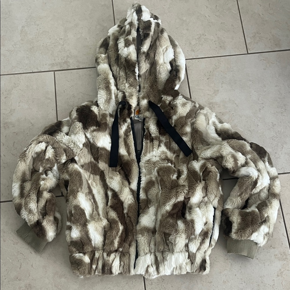 C & C California Hooded Jacket Coat Multicolor Animal Print Zip Faux Fur, Medium